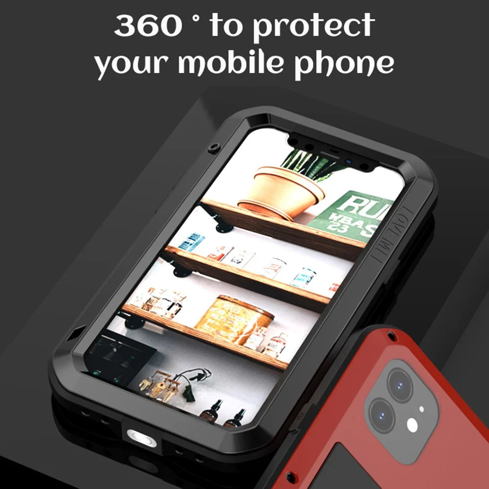 LOVE MEI For iPhone 12 Full Body Protective Cover Shockproof Metal + Silicone Phone Case with Tempered Glass Film - Black - 7
