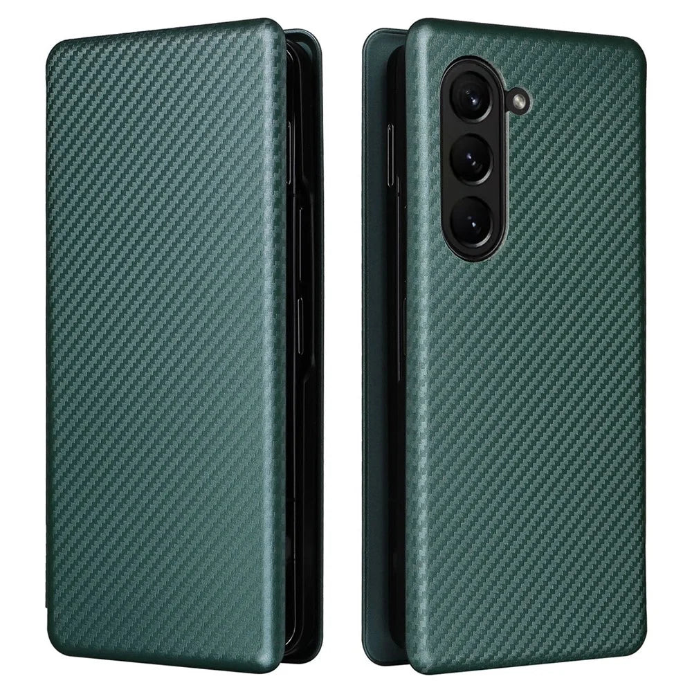 For Samsung Galaxy Z Fold5 5G Carbon Fiber Texture Card Holder Case Leather Stand Anti-drop Phone Cover - Green - 1