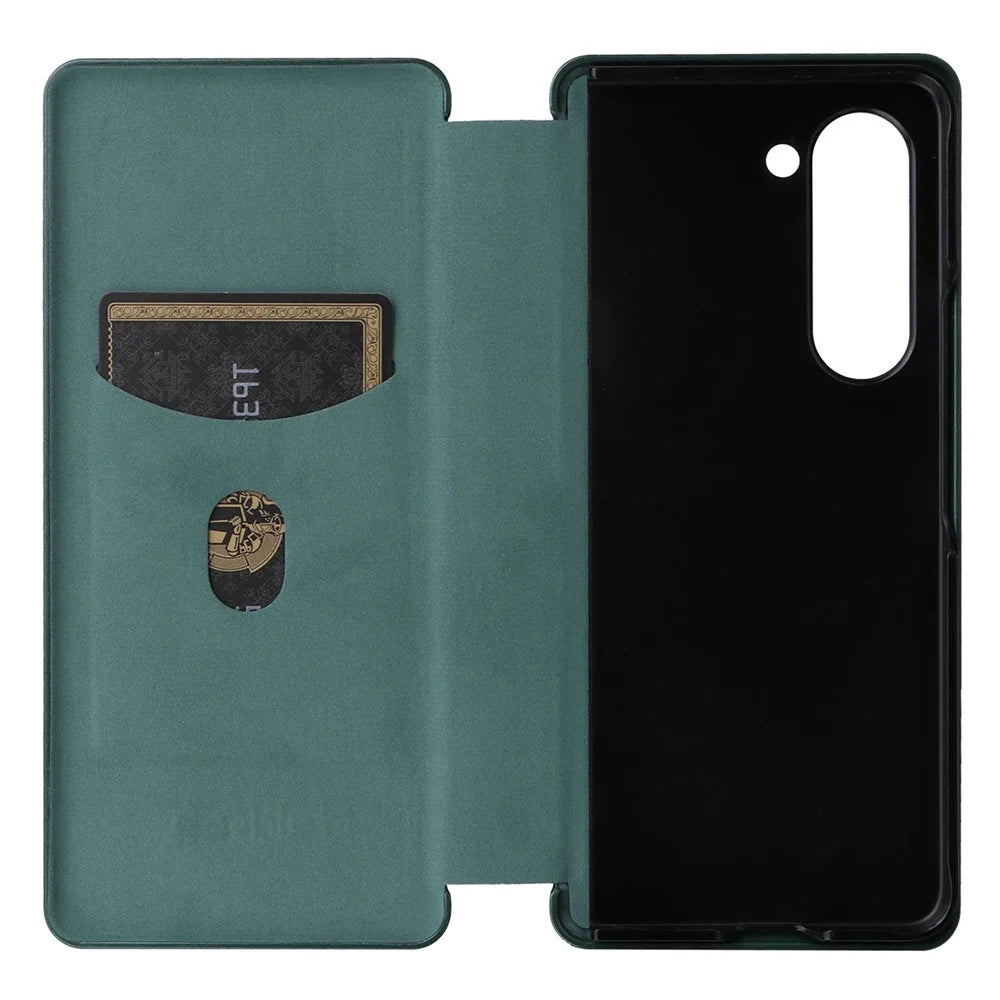 For Samsung Galaxy Z Fold5 5G Carbon Fiber Texture Card Holder Case Leather Stand Anti-drop Phone Cover - Green - 3