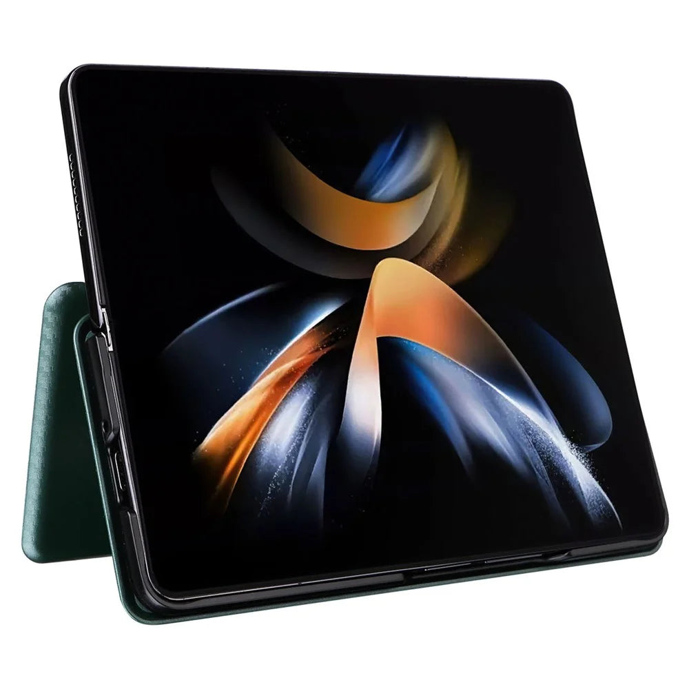 For Samsung Galaxy Z Fold5 5G Carbon Fiber Texture Card Holder Case Leather Stand Anti-drop Phone Cover - Green - 4
