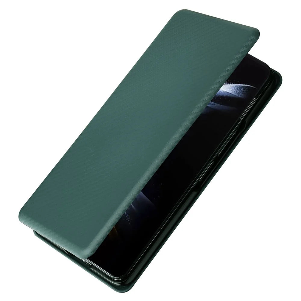 For Samsung Galaxy Z Fold5 5G Carbon Fiber Texture Card Holder Case Leather Stand Anti-drop Phone Cover - Green - 7