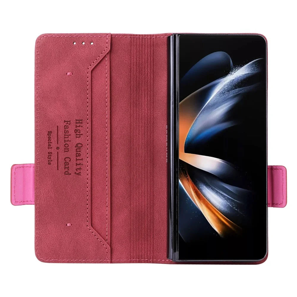 For Samsung Galaxy Z Fold5 5G Fall Proof Hardware Decor Phone Case PU Leather Wallet Stand Cover - Rose - 2
