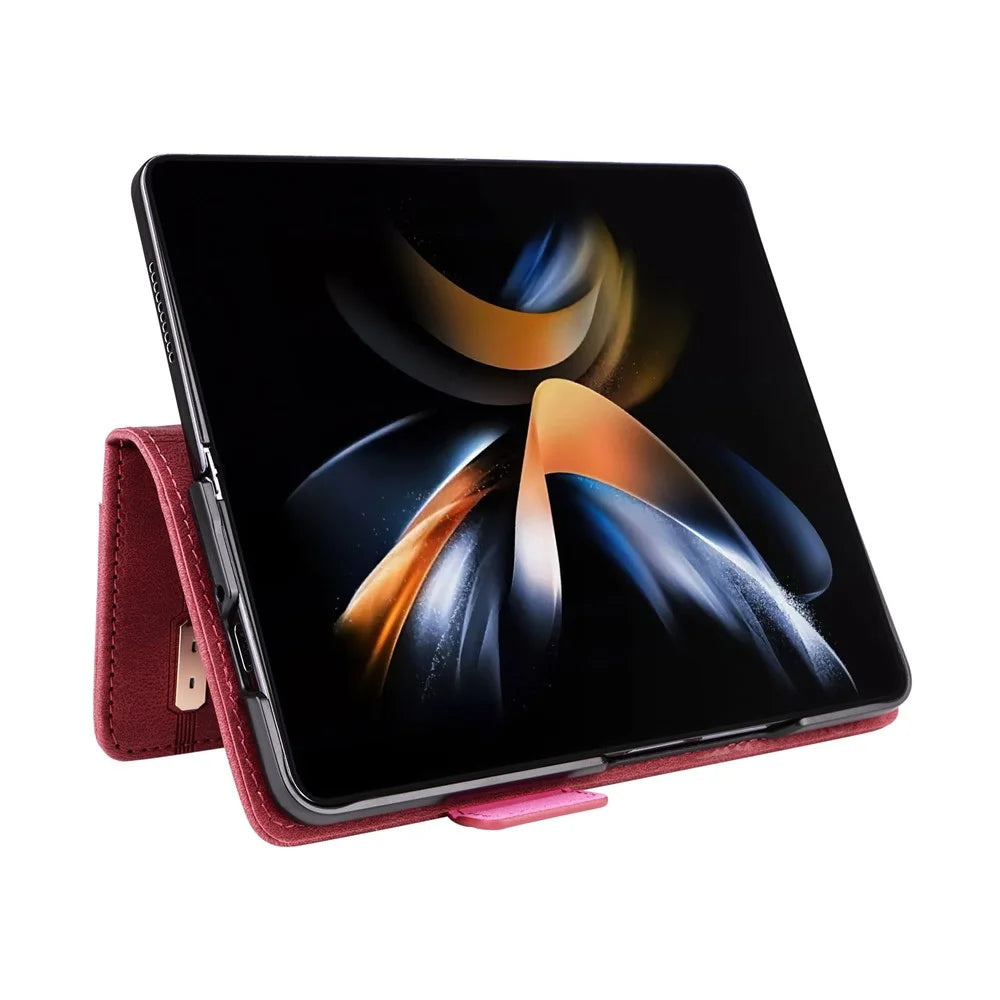 For Samsung Galaxy Z Fold5 5G Fall Proof Hardware Decor Phone Case PU Leather Wallet Stand Cover - Rose - 4