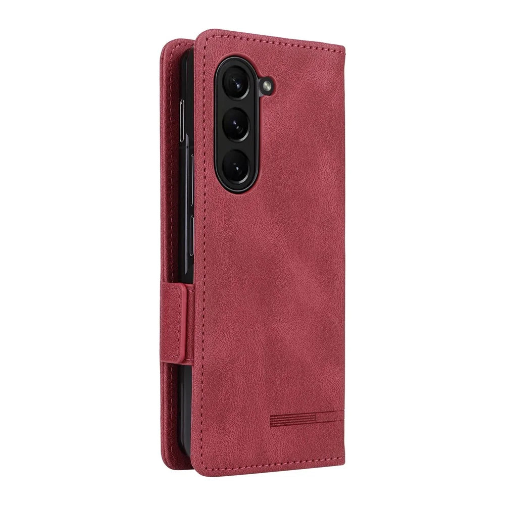 For Samsung Galaxy Z Fold5 5G Fall Proof Hardware Decor Phone Case PU Leather Wallet Stand Cover - Rose - 6