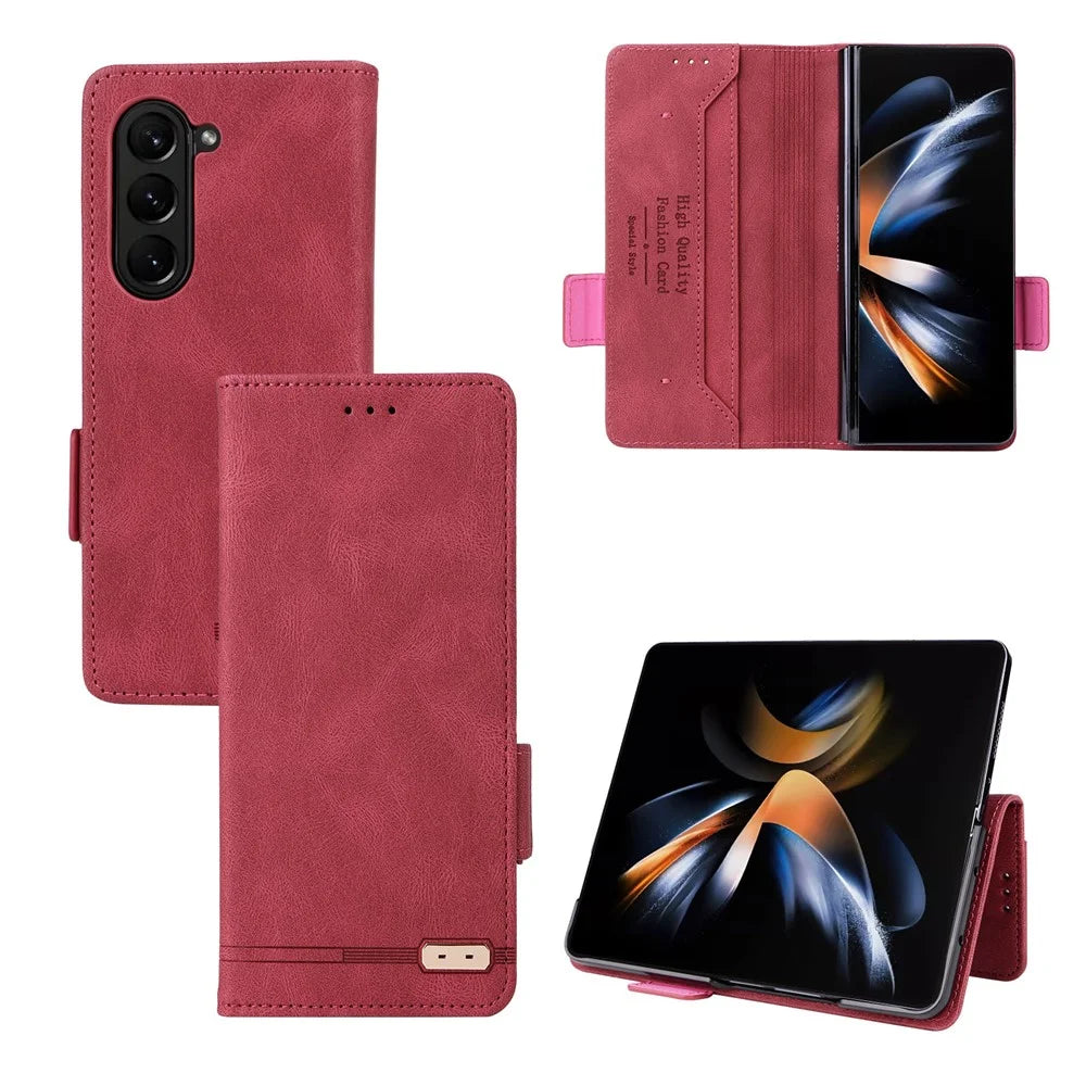 For Samsung Galaxy Z Fold5 5G Fall Proof Hardware Decor Phone Case PU Leather Wallet Stand Cover - Rose - 7