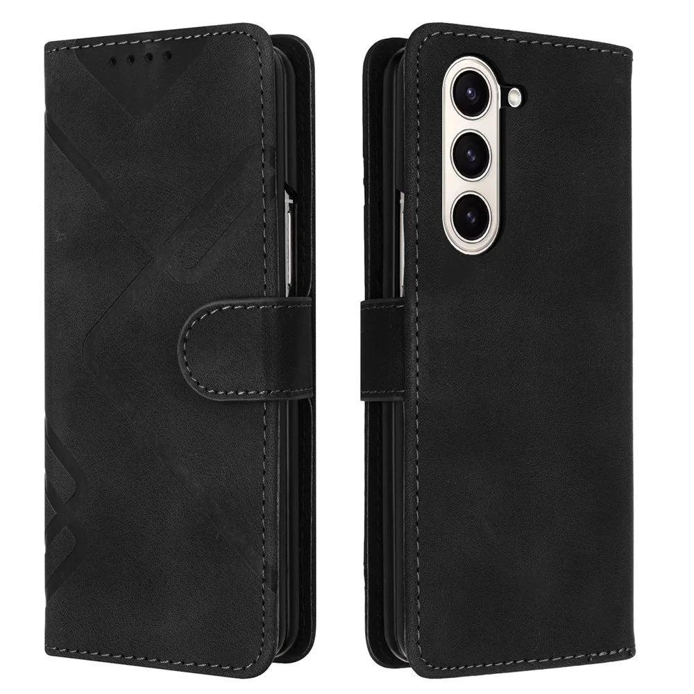 YX0040 For Samsung Galaxy Z Fold5 5G Card Slots Case PU Leather+PC Imprinted Phone Cover - Black - 1