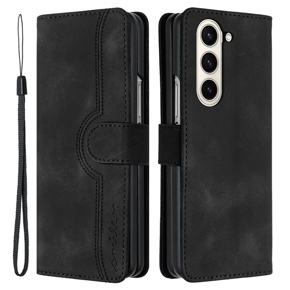 YX0030 For Samsung Galaxy Z Fold5 5G Card Slots Protective Phone Case PU Leather+PC Imprinted Cover - Black - 1