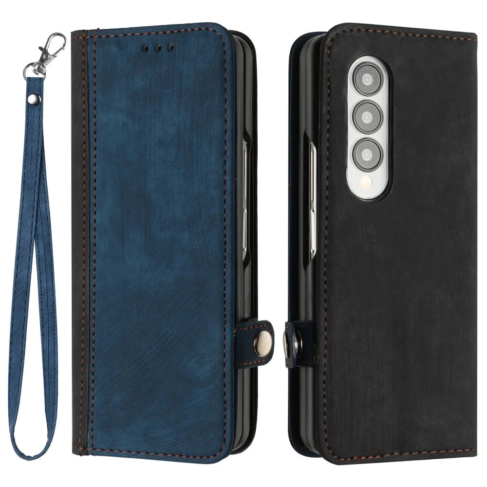 YX0020 For Samsung Galaxy Z Fold4 5G Card Holder Slots Phone Case PU Leather+PC Protective Cover - Sapphire - 1