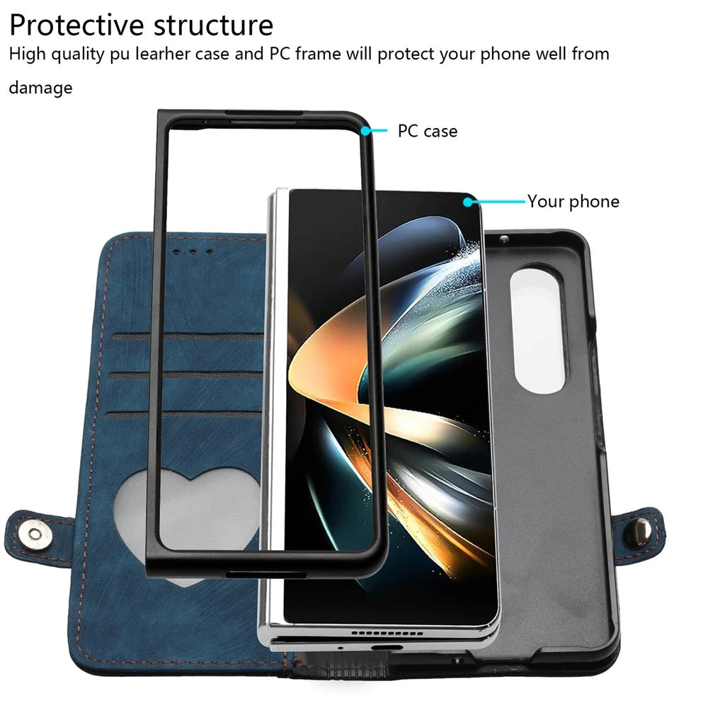 YX0020 For Samsung Galaxy Z Fold3 5G PU Leather Phone Case Card Holder Phone Cover - Sapphire - 3