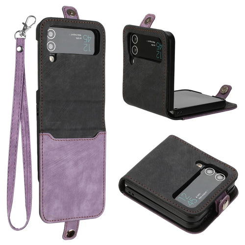 YX0020 For Samsung Galaxy Z Flip3 5G PU Leather+PC Case Card Holder Folding Phone Cover - Purple - 1