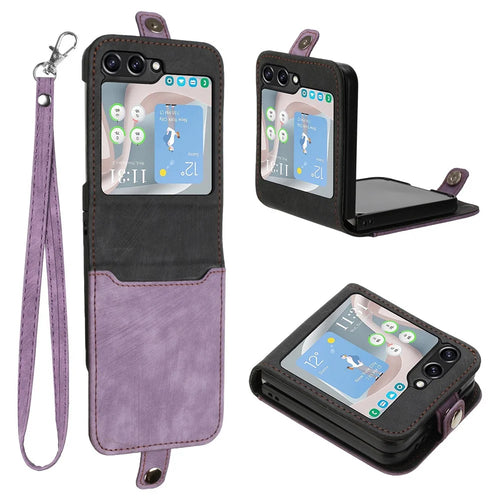 YX0020 For Samsung Galaxy Z Flip5 5G Folding Phone Case Card Holder PU Leather+PC Cover - Purple - 1