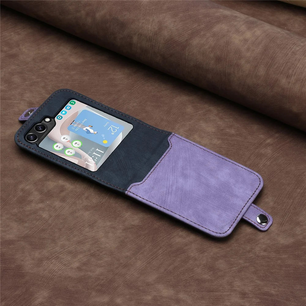 YX0020 For Samsung Galaxy Z Flip5 5G Folding Phone Case Card Holder PU Leather+PC Cover - Purple - 5