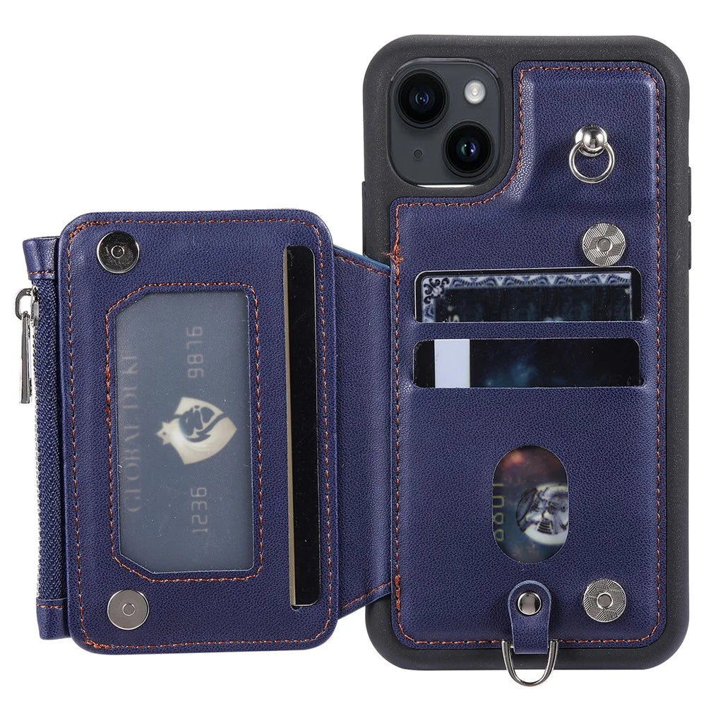 009 Anti-Scratch Phone Case for iPhone 15 , Wallet RFID Blocking PU+TPU Cover Kickstand Zipper Shell with Strap - Blue - 2