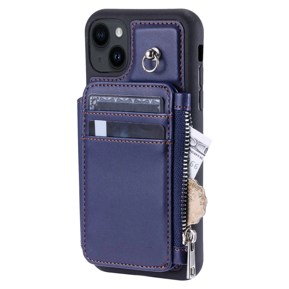 009 Anti-Scratch Phone Case for iPhone 15 , Wallet RFID Blocking PU+TPU Cover Kickstand Zipper Shell with Strap - Blue - 3