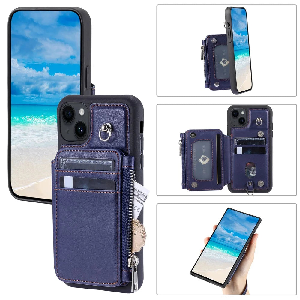 009 Anti-Scratch Phone Case for iPhone 15 , Wallet RFID Blocking PU+TPU Cover Kickstand Zipper Shell with Strap - Blue - 7