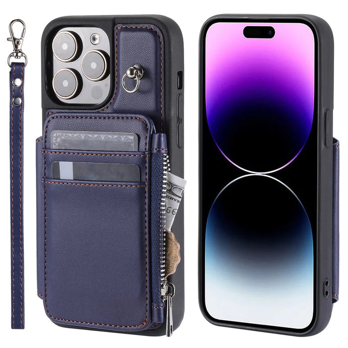 009 Protection Cover for iPhone 15 Pro Max , RFID Blocking PU+TPU Case Kickstand Zipper Wallet Shell with Strap - Blue - 1