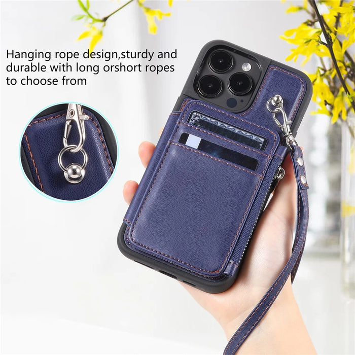 009 Protection Cover for iPhone 15 Pro Max , RFID Blocking PU+TPU Case Kickstand Zipper Wallet Shell with Strap - Blue - 5