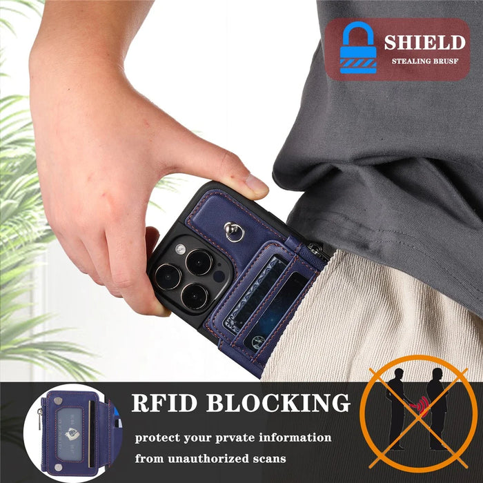 009 Protection Cover for iPhone 15 Pro Max , RFID Blocking PU+TPU Case Kickstand Zipper Wallet Shell with Strap - Blue - 6