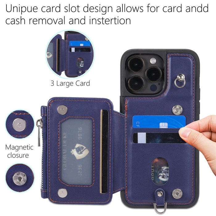 009 Protection Cover for iPhone 15 Pro Max , RFID Blocking PU+TPU Case Kickstand Zipper Wallet Shell with Strap - Blue - 7