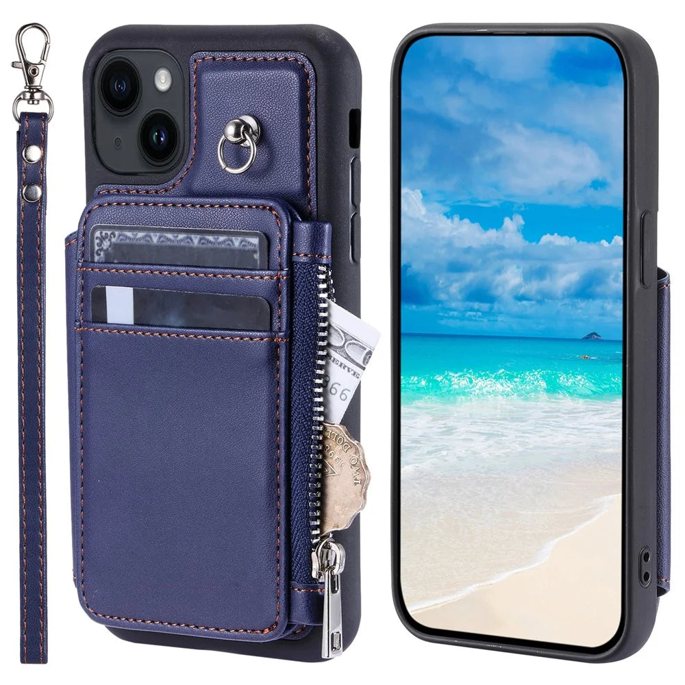 009 Cell Phone Case for iPhone 15 Plus , Kickstand Zipper Wallet RFID Blocking PU+TPU Cover with Strap - Blue - 1