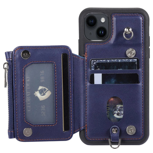 009 Cell Phone Case for iPhone 15 Plus , Kickstand Zipper Wallet RFID Blocking PU+TPU Cover with Strap - Blue - 2