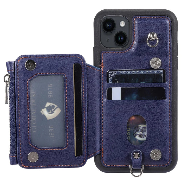 009 Cell Phone Case for iPhone 15 Plus , Kickstand Zipper Wallet RFID Blocking PU+TPU Cover with Strap - Blue - 2