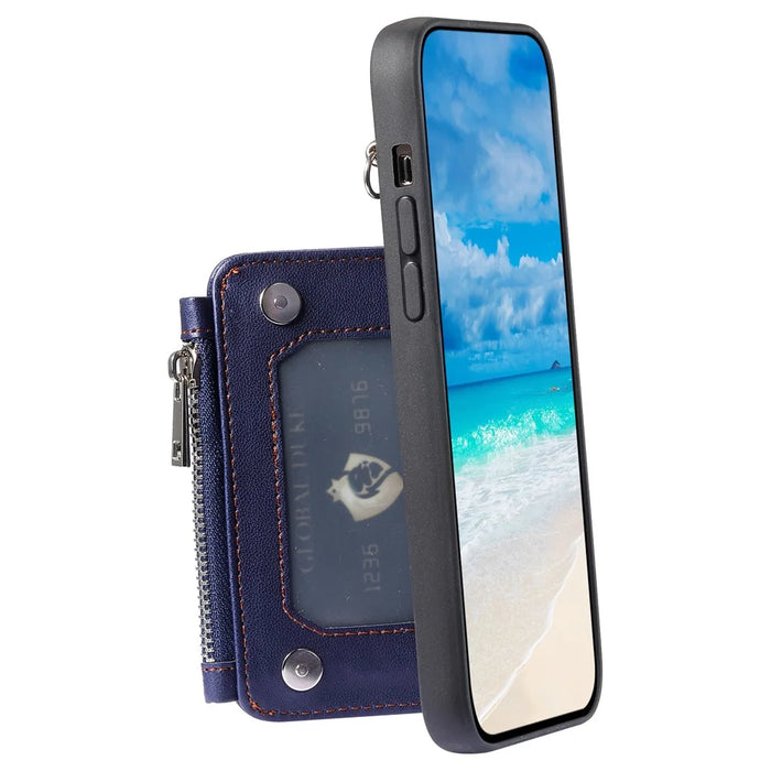 009 Cell Phone Case for iPhone 15 Plus , Kickstand Zipper Wallet RFID Blocking PU+TPU Cover with Strap - Blue - 4