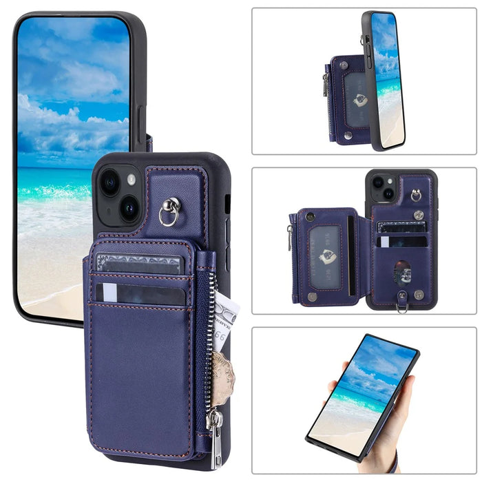 009 Cell Phone Case for iPhone 15 Plus , Kickstand Zipper Wallet RFID Blocking PU+TPU Cover with Strap - Blue - 7