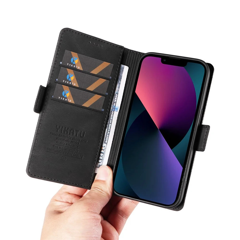 YIKATU YK-005 For iPhone 15 Plus Anti-Scratch Shell PU Leather Phone Case Stand Cover Skin-touch Shockproof Wallet - Black - 6