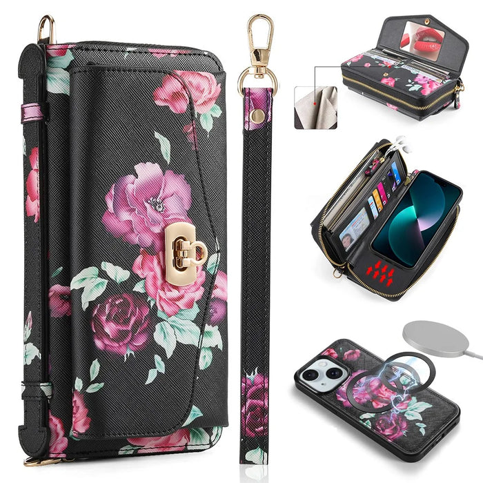 POLA Style 001 For iPhone 15 Detachable 2-in-1 Phone Case with Flower Pattern RFID Blocking PU Leather Wallet - Black - 1