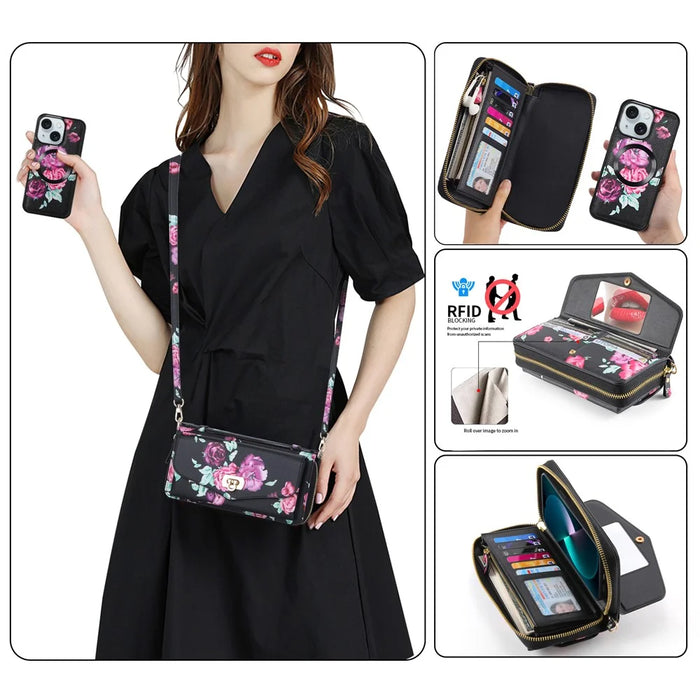 POLA Style 001 For iPhone 15 Detachable 2-in-1 Phone Case with Flower Pattern RFID Blocking PU Leather Wallet - Black - 5