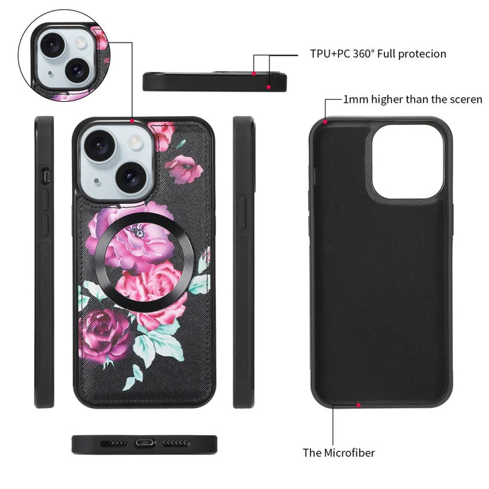 POLA Style 001 For iPhone 15 Detachable 2-in-1 Phone Case with Flower Pattern RFID Blocking PU Leather Wallet - Black - 6