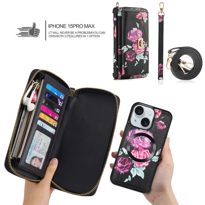 POLA Style 001 For iPhone 15 Detachable 2-in-1 Phone Case with Flower Pattern RFID Blocking PU Leather Wallet - Black - 7