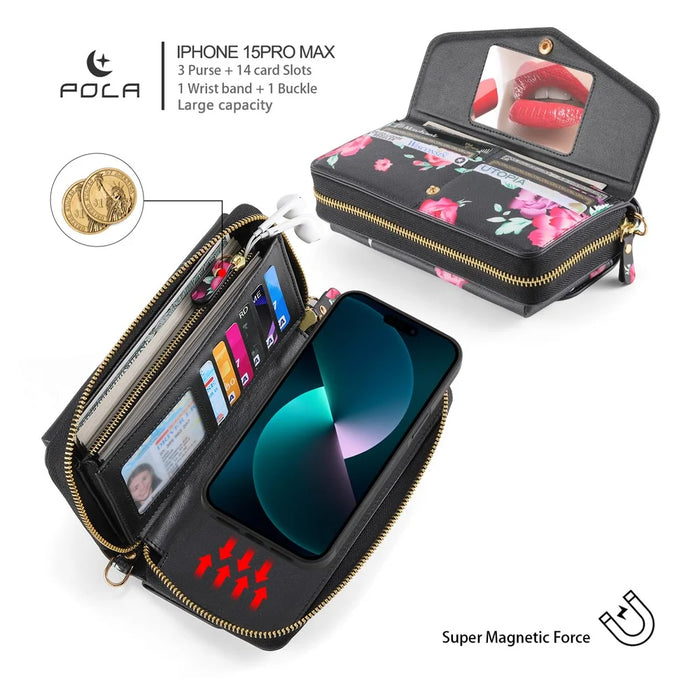 POLA Style 001 For iPhone 15 Pro Max Detachable Leather Wallet Case Flower Pattern RFID Blocking Phone Cover - Black - 4