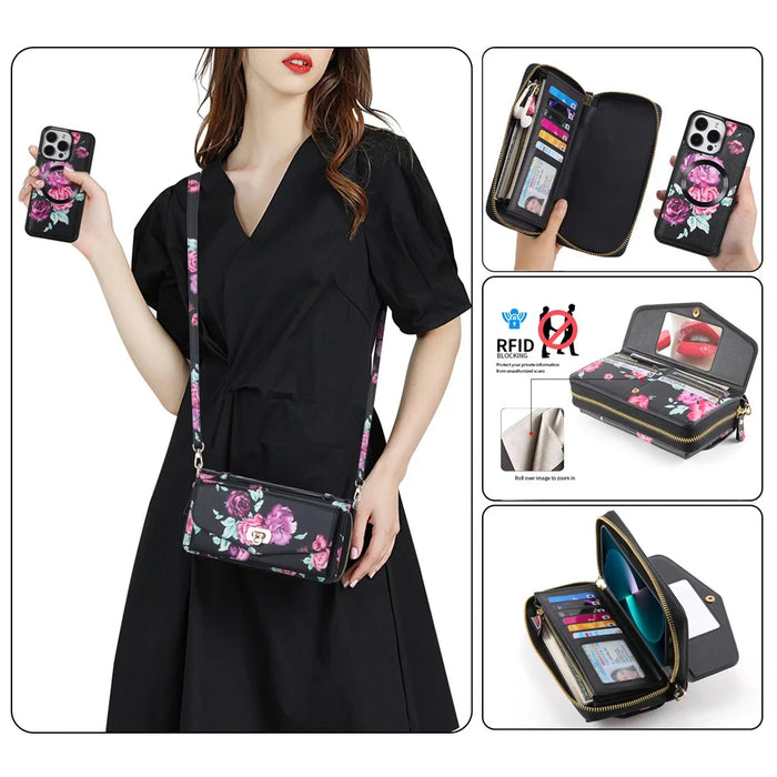 POLA Style 001 For iPhone 15 Pro Max Detachable Leather Wallet Case Flower Pattern RFID Blocking Phone Cover - Black - 5