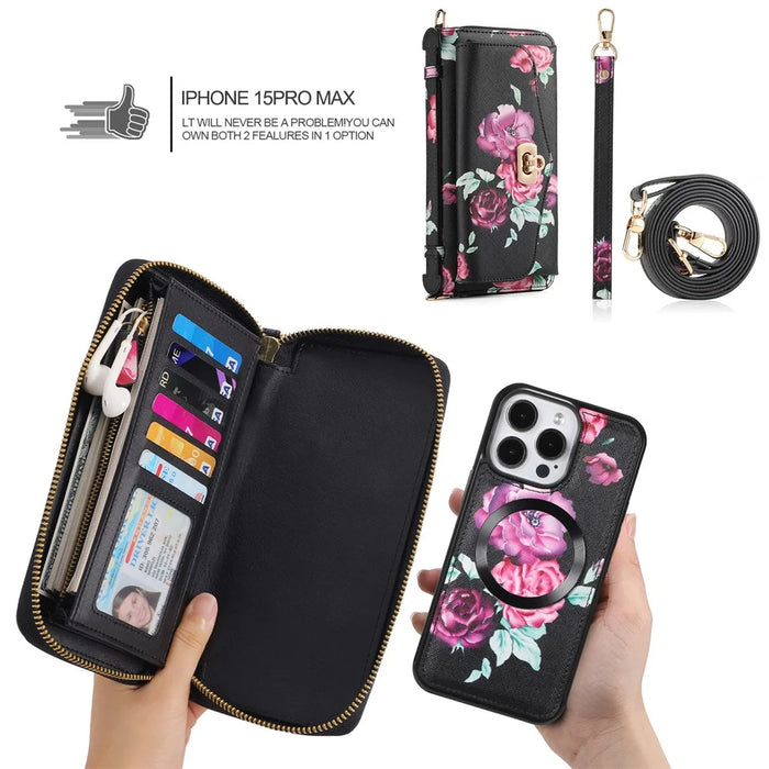 POLA Style 001 For iPhone 15 Pro Max Detachable Leather Wallet Case Flower Pattern RFID Blocking Phone Cover - Black - 7