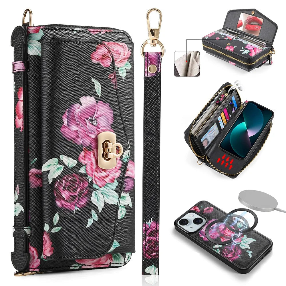 POLA Style 001 For iPhone 15 Plus Detachable Phone Case RFID Blocking Leather Wallet Flower Pattern Cover - Black - 1