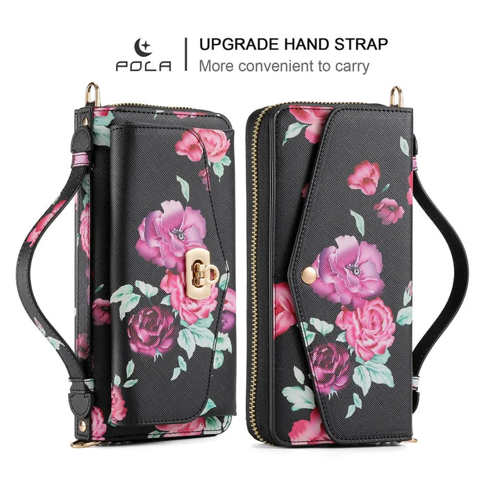 POLA Style 001 For iPhone 15 Plus Detachable Phone Case RFID Blocking Leather Wallet Flower Pattern Cover - Black - 2