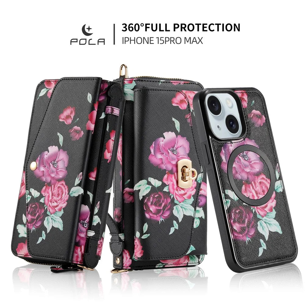 POLA Style 001 For iPhone 15 Plus Detachable Phone Case RFID Blocking Leather Wallet Flower Pattern Cover - Black - 3