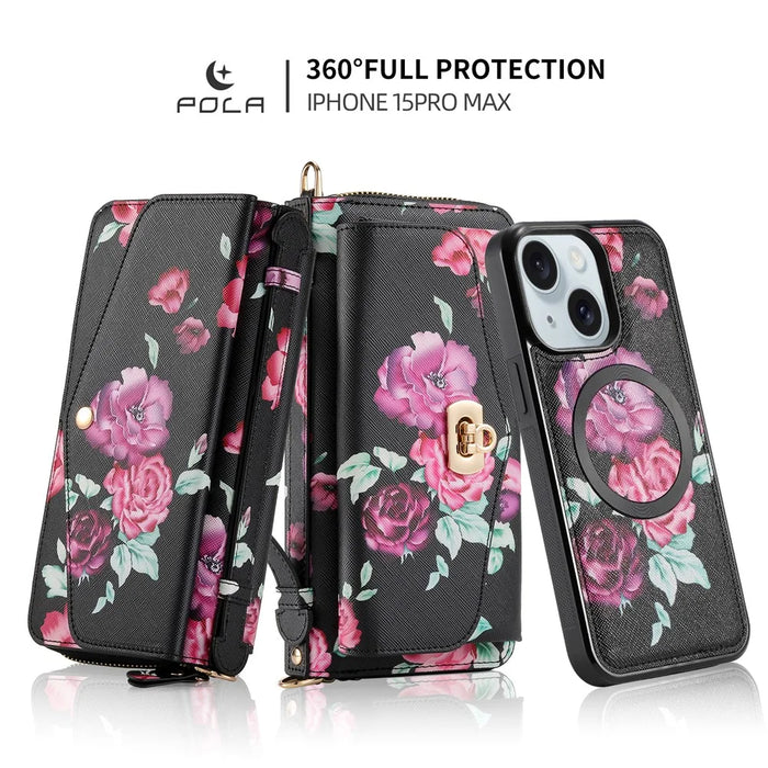 POLA Style 001 For iPhone 15 Plus Detachable Phone Case RFID Blocking Leather Wallet Flower Pattern Cover - Black - 3