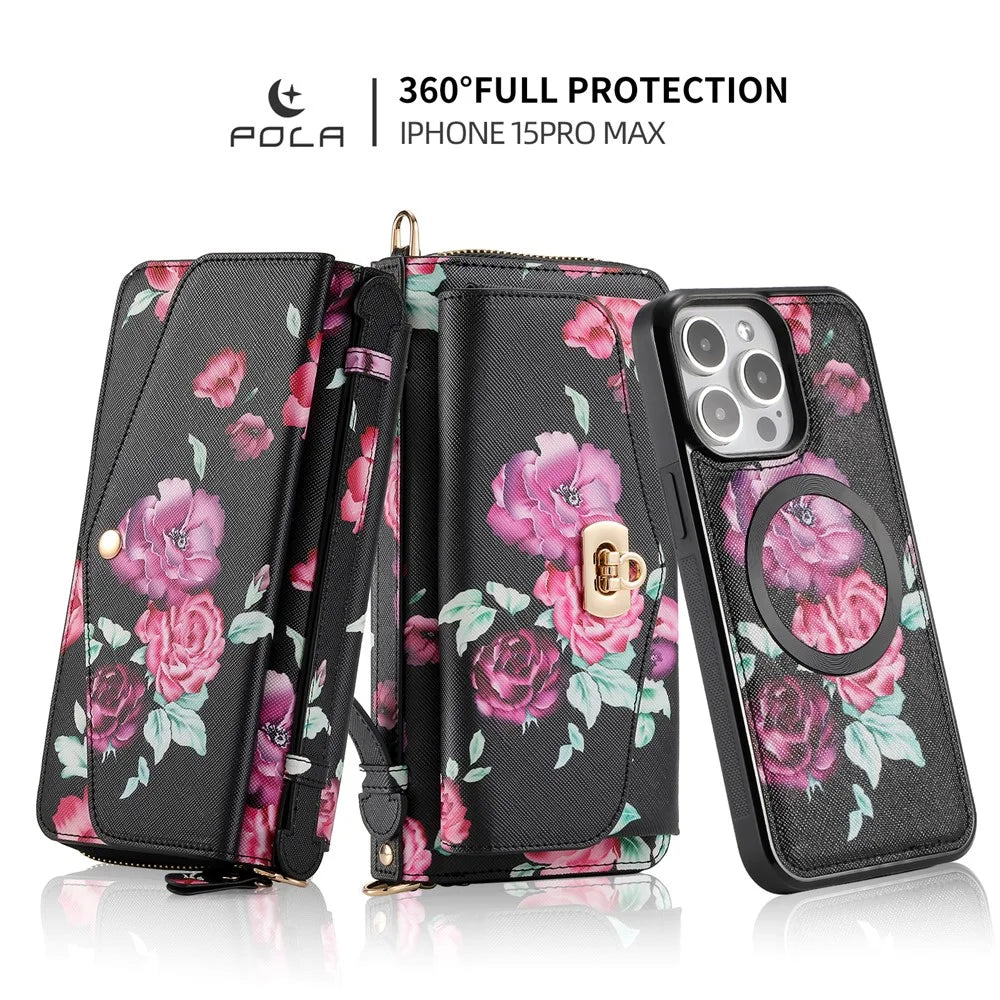 POLA Style 001 For iPhone 15 Pro PU Leather Wallet Phone Case Flower Pattern RFID Blocking Detachable Phone Cover - Black - 3
