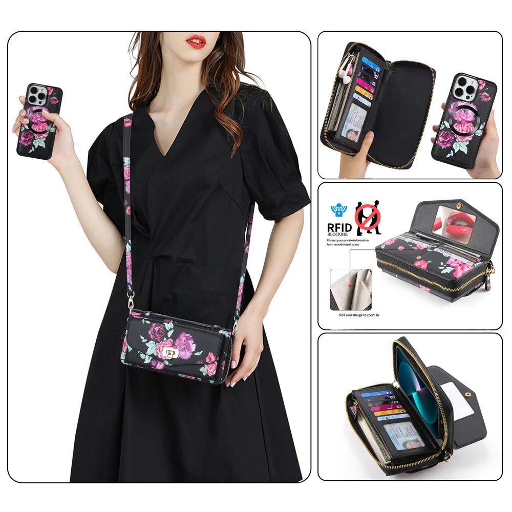POLA Style 001 For iPhone 15 Pro PU Leather Wallet Phone Case Flower Pattern RFID Blocking Detachable Phone Cover - Black - 5