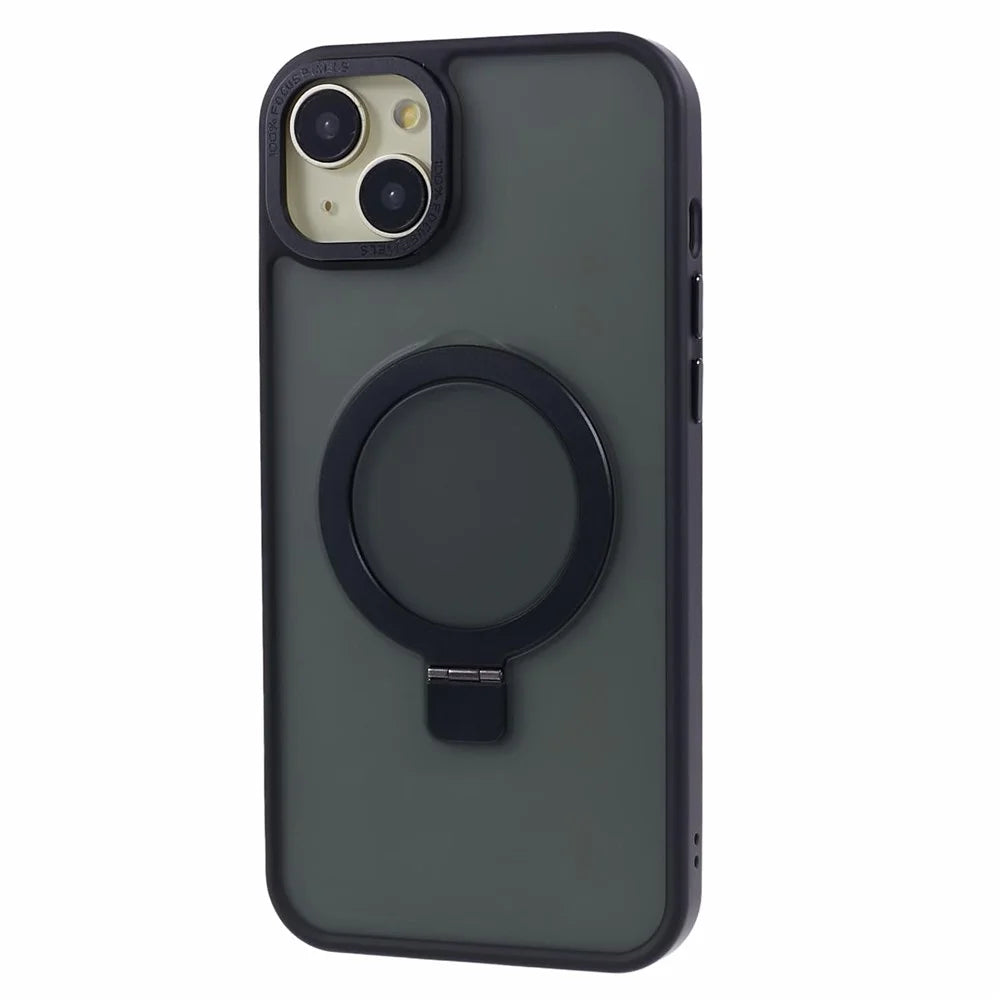 For iPhone 15 Plus Skin-touch Phone Case Kickstand Design TPU+PC+Magnet+Metal Shell Compatible with MagSafe - Black - 1