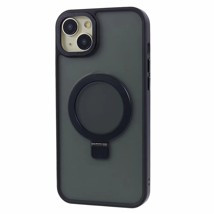 For iPhone 15 Plus Skin-touch Phone Case Kickstand Design TPU+PC+Magnet+Metal Shell Compatible with MagSafe - Black - 1
