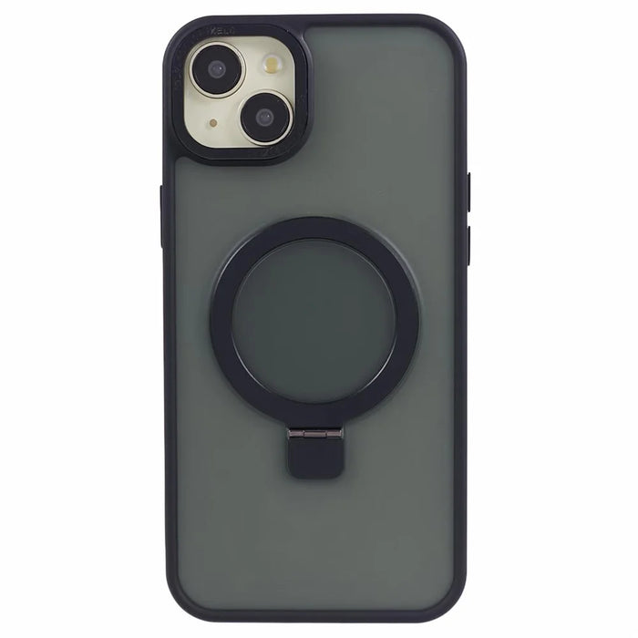 For iPhone 15 Plus Skin-touch Phone Case Kickstand Design TPU+PC+Magnet+Metal Shell Compatible with MagSafe - Black - 3