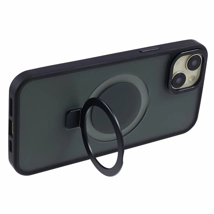 For iPhone 15 Plus Skin-touch Phone Case Kickstand Design TPU+PC+Magnet+Metal Shell Compatible with MagSafe - Black - 4