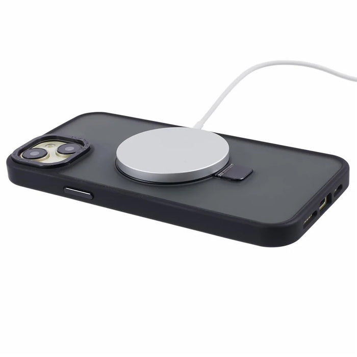 For iPhone 15 Plus Skin-touch Phone Case Kickstand Design TPU+PC+Magnet+Metal Shell Compatible with MagSafe - Black - 5