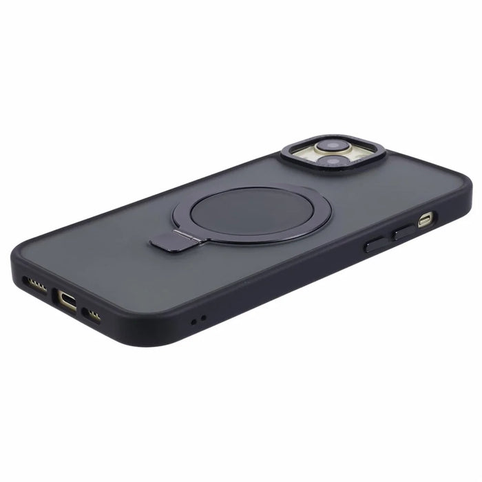 For iPhone 15 Plus Skin-touch Phone Case Kickstand Design TPU+PC+Magnet+Metal Shell Compatible with MagSafe - Black - 6