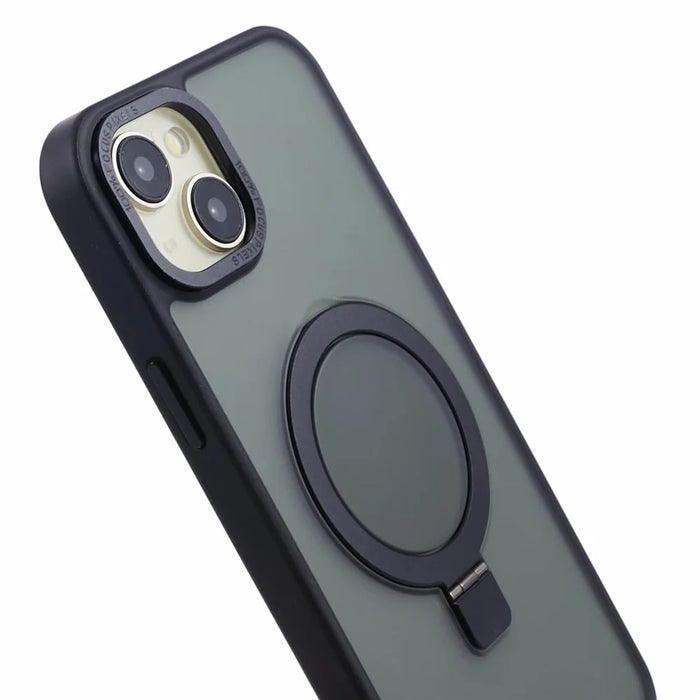 For iPhone 15 Plus Skin-touch Phone Case Kickstand Design TPU+PC+Magnet+Metal Shell Compatible with MagSafe - Black - 7