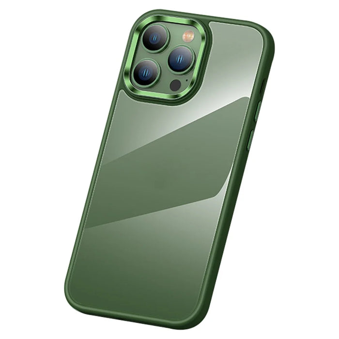 Crystal Clear PC+TPU Case for iPhone 15 Shockproof Slim Phone Cover with Metal Lens Frame - Green - 1